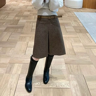 法式复古文艺格子半身裙女冬季新款时尚宽松遮胯显瘦A字中长裙女