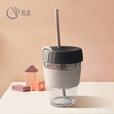 厂家热卖新款硅胶咖啡杯12oz创意耐热玻璃杯带盖办公随手硅胶水杯|ms