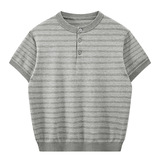 ZH8115-B夏薄款老钱风宽松休闲上衣美式条纹亨利领针织短袖，男装针织衫/毛衣，星座614