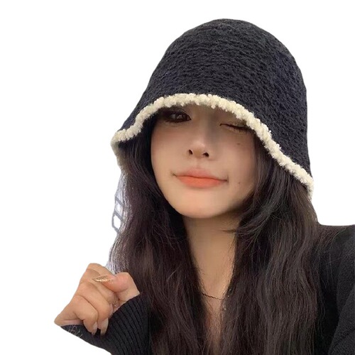 Autumn and winter hat women's black ins contrasting color fisherman hat warm ear protection hat winter thickened knitted hat wholesale