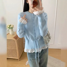 温柔风抽绳蕾丝毛衣女2025春季新款收腰显瘦荷叶边设计感针织上衣