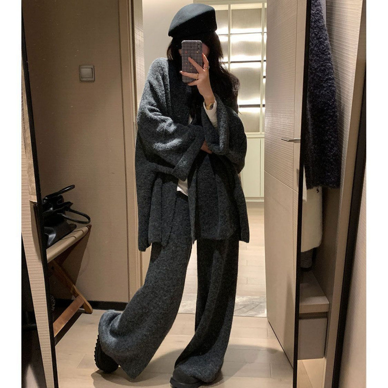 蝙蝠袖针织开衫套装女秋冬新款宽松慵懒风松弛感休闲阔腿裤两件套|undefined