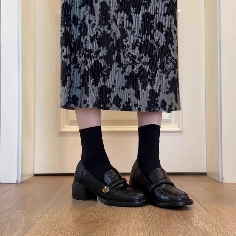 羊皮版~学院风真皮圆头粗跟乐福鞋女2025新款百搭一脚蹬懒人单鞋|undefined