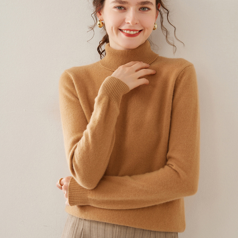 Autumn and Winter New Solid Color Cashmere Women's High Lapel Long Sleeve Knitted Sweater Slim-fit Seven-pin Thick Base Wool Sweater for Women