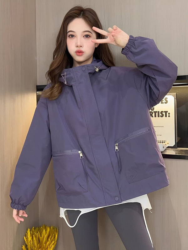连帽冲锋衣女小个子防风棒球服短外套开春夹克上衣女百搭工装风衣|undefined