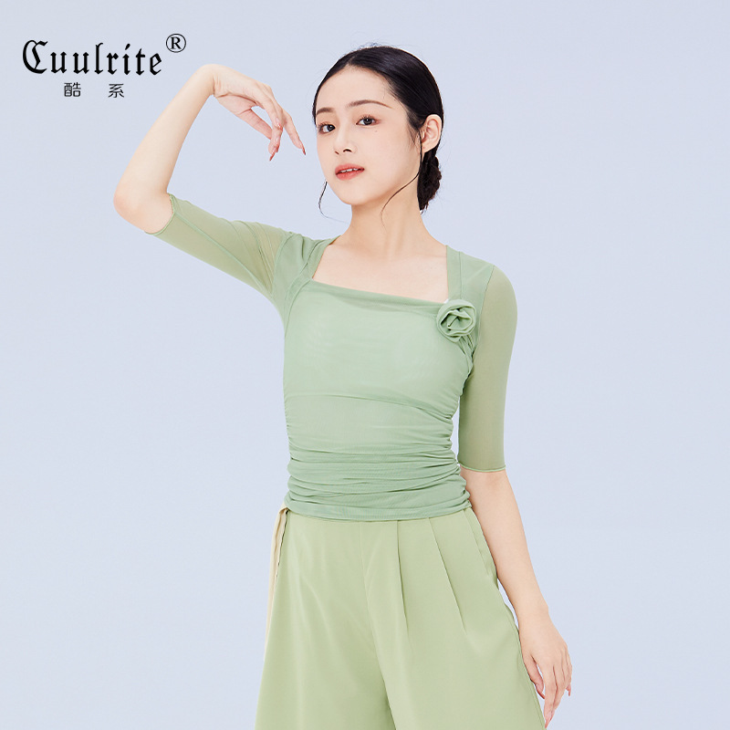 Classical Dance Costume Practice Blouse Adult Stretch Mesh Top Middle Sleeve Ballet Dance Clothes Body Gymnastics Clothes