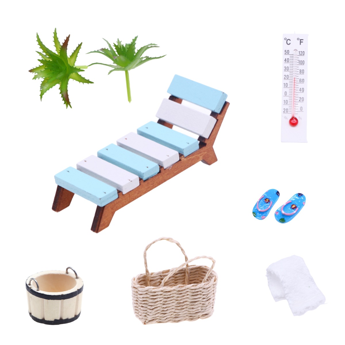 Casa de muñeca mini verano playa madera reclinable miniatura sauna escena tiro apoyos modelo