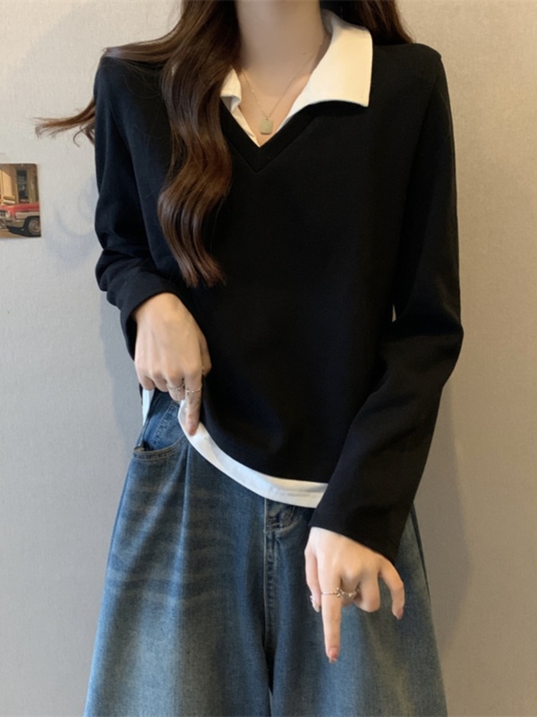 假两件polo领t恤长袖女秋季2025新款大码胖mm遮肚子显瘦正肩上衣|undefined