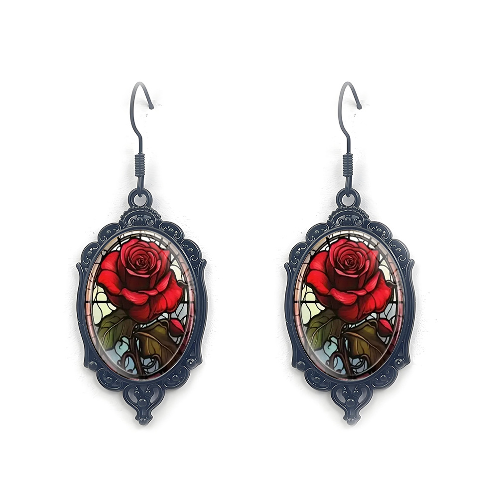 New Cross-Border Popular Retro Gothic Oval Pendant Earrings Dark Series Rose Flower Earrings for Women