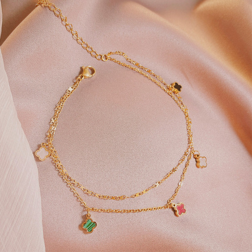 Japanese and Korean Fashion Influencer Colorful Clover Ankle Chain Women's Personality Sexy Double Layer Ankle Chain Titanium Steel Ankle Chain Wholesale