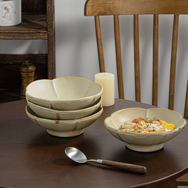 Coarse Pottery High-Footed Petal Bowl, Vintage Handmade Dessert Bowl, Specialty Salad Bowl, Japanese-Style Snack Bowl, Soup Bowl, Noodle Bowl, White Porcelain