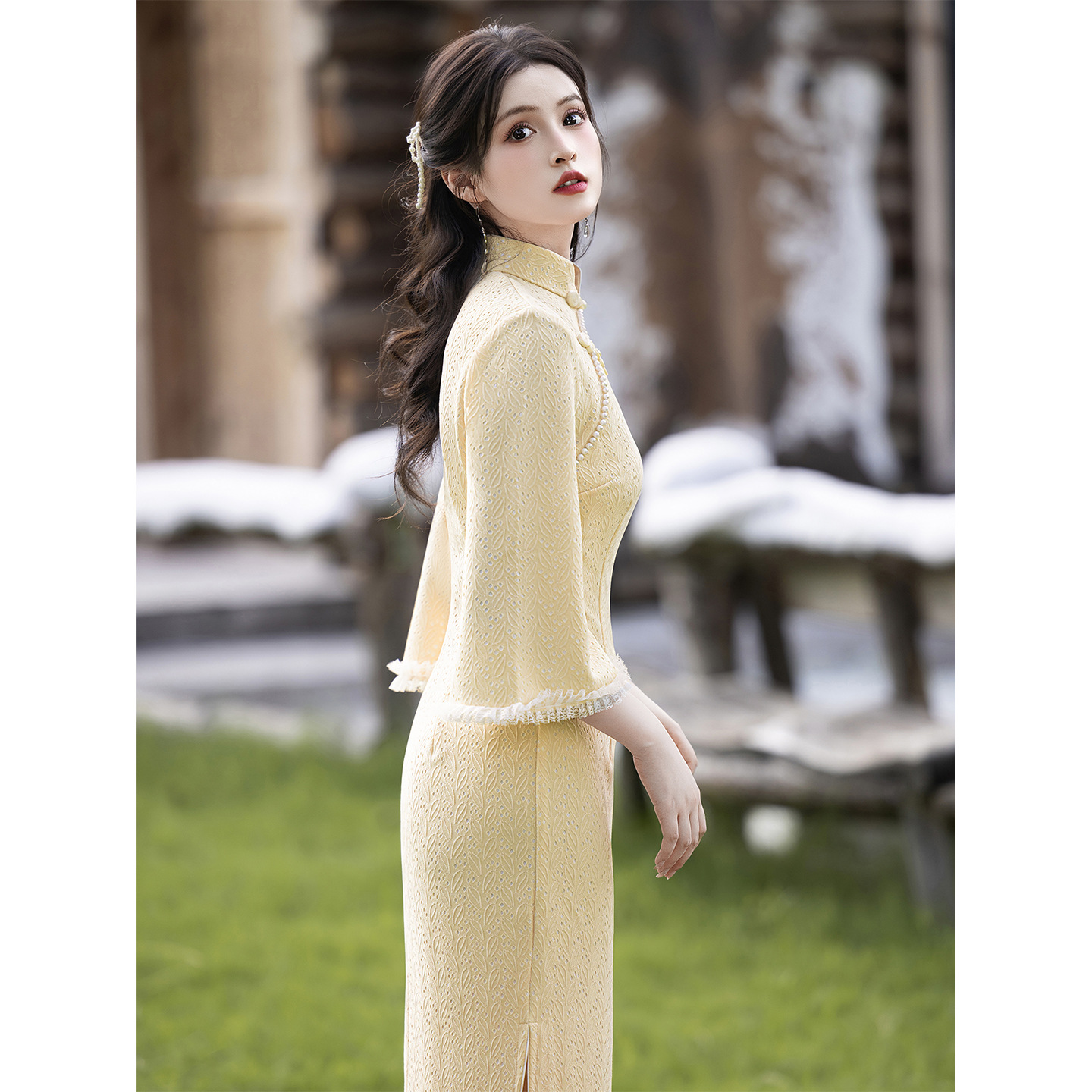 浅花梨新中式改良旗袍2025新款春秋款黄色国风优雅长袖古法绝美女