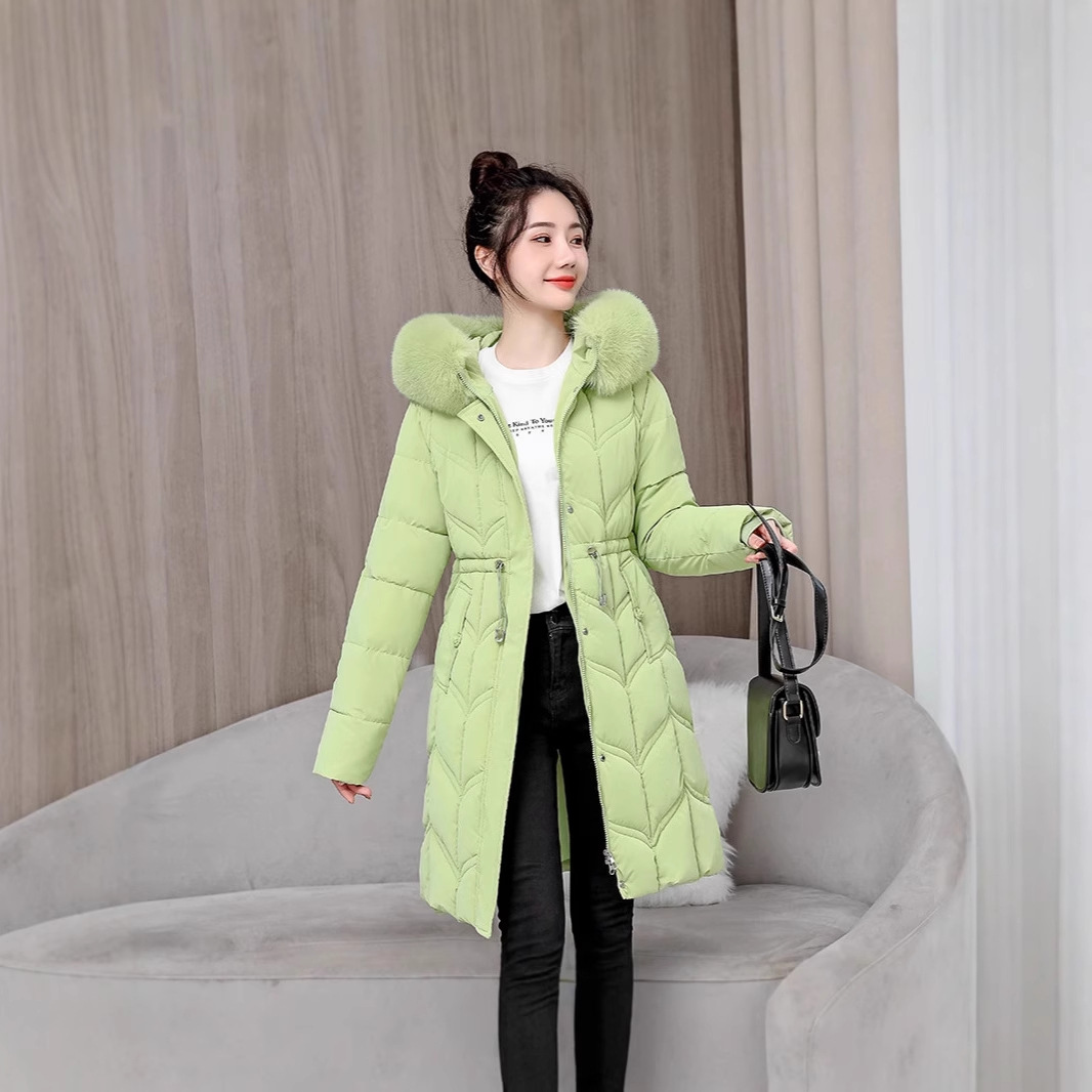 2025 nueva moda de invierno de mujer cintura retraída cuello de cabello espeso exterior abrigo de algodón caliente