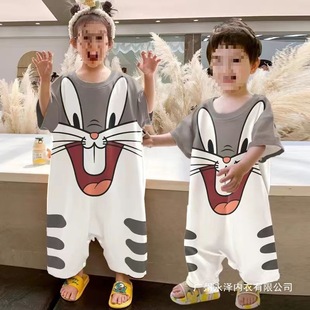 2025 Summer Children's Pajamas Boys Short-Sleeved Thin Baby Girl Jumpsuits Medium and Large Children Anti-Kick Sleeping Bags Home Clothes