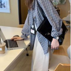 松弛感复古蓝色长袖格子衬衫上衣女2025秋新款宽松内搭别致衬衣外