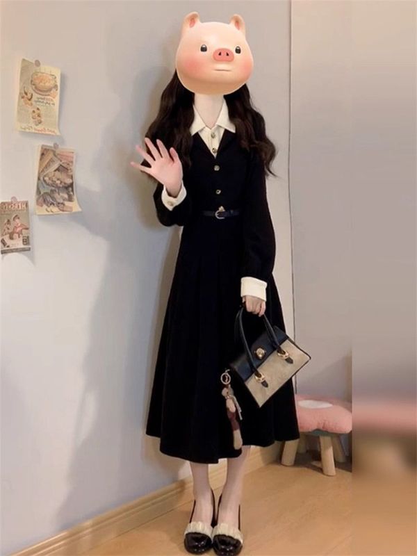 黑色假两件连衣裙子女秋冬季2025新款高级感教资面试通勤气质长裙|undefined
