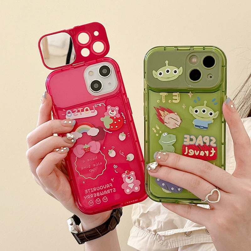 Чехол для телефона совместимый с iPhone 15, чехол-картина: cartoon strawberry, складное зеркало, 15примакс, iphone