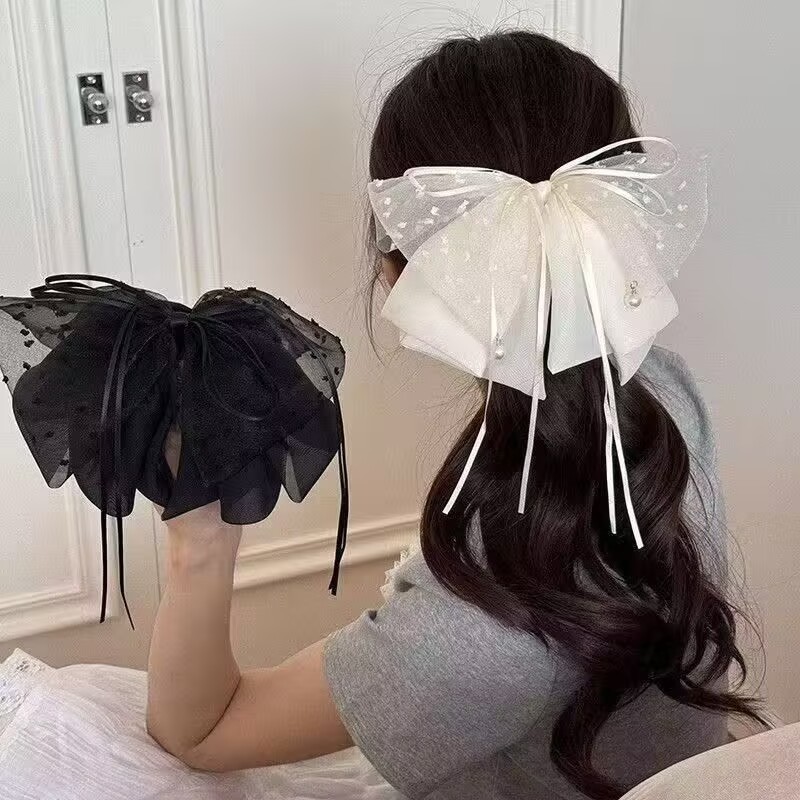 韩系甜美碎花蝴蝶结发夹新款飘带抓夹后脑勺马尾夹半扎发鲨鱼夹女|undefined
