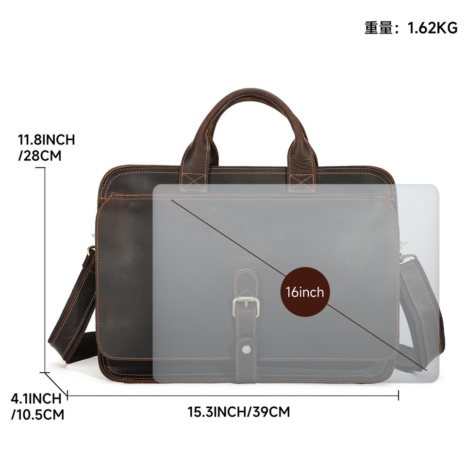 Túi xách da bò thật cho nam kiểu ngang, đựng vừa laptop 15.6 inch, Âu Mỹ — Màu cà phê, Màu nâu đậm