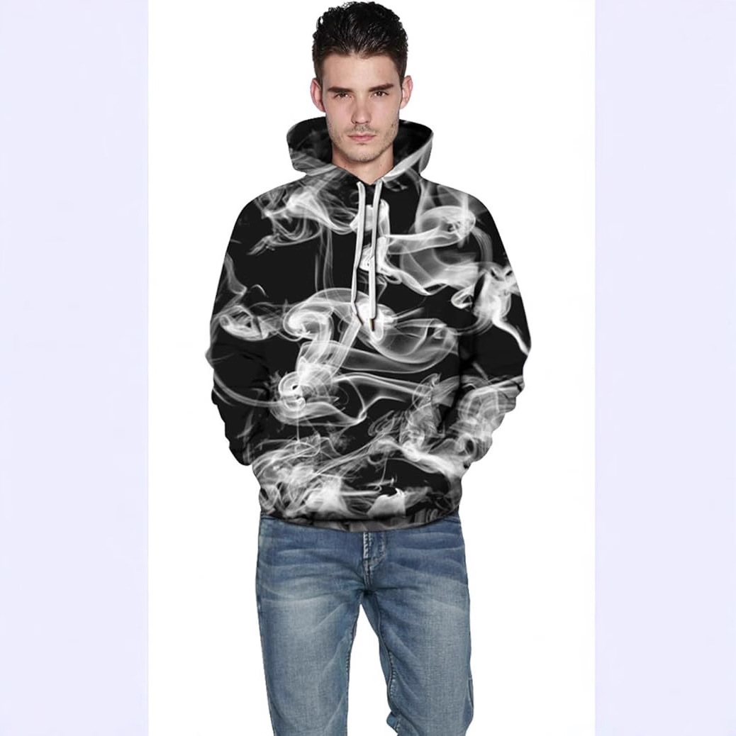 Hombres y mujeres del mismo estilo primavera y otoño suelto todo fósforo de manga larga con parche bolso con capucha suéter personalizado humo impresión 3D ventas directas de fábrica