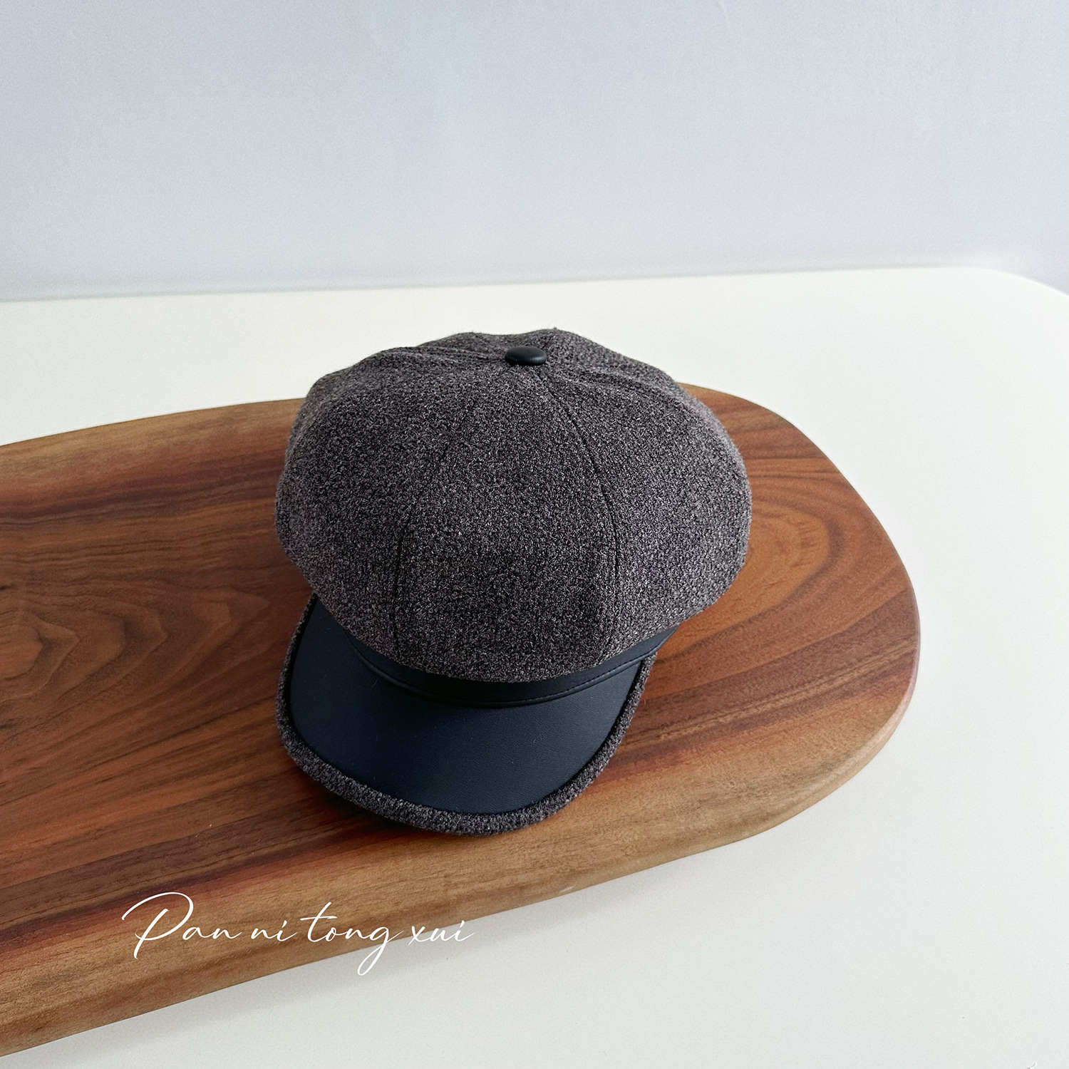 Chapeau octogonal unisexe en cuir PU épissé en laine pour femme, couleur unie, automne-hiver, vintage, chapeau d'artiste, chapeau chaud d'hiver_voghion.com
