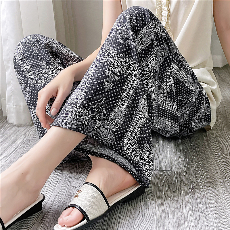 Pantalones de pijama de seda de algodón para mujer Pantalones de pierna ancha casuales impresos de dibujos animados delgados de verano las mujeres embarazadas pueden usar pantalones de comercio exterior pantalones de una sola capa