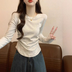 春秋冬薄款修身收腰t恤女长袖显瘦短款小个子圆领内搭打底衫上衣