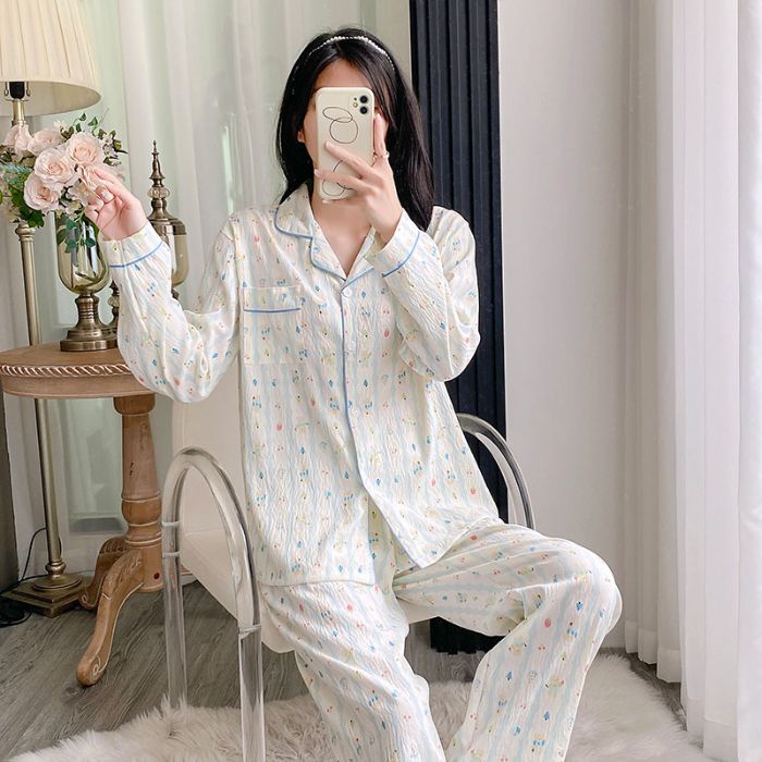Al por mayor transfronterizo otoño nuevo pijama de algodón nublado, cardigan de manga larga, pantalones largos de dos piezas, ropa para el hogar se puede usar fuera