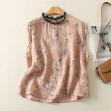 实拍2025夏季文艺复古小清新碎花圆领套头宽松显瘦百搭棉麻上衣女