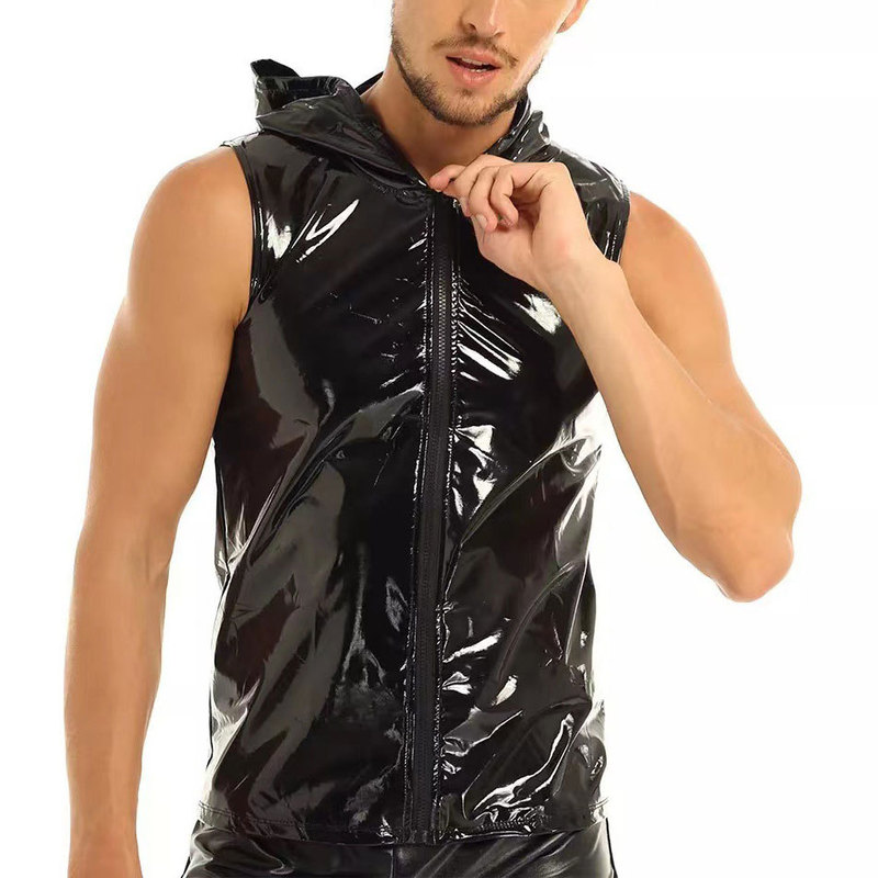 Cross-border plus size men's clothing European and American men's mirror leather vest bright leather hooded sleeveless vest T-shirt tights men Cross-border plus size men's clothing European and American men's mirror leather vest bright leather hooded sleeveless vest T-shirt tights men