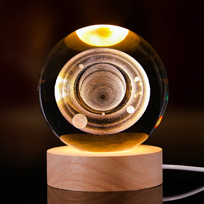 Bola de cristal luminosa lámpara de noche 3D esculpida estrella base de madera sólida regalo de cumpleaños decoración de escritorio creativa
