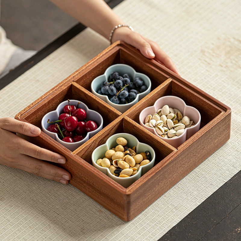 Chinese -style ceramic dried fruit plate, multi -grid fruit disk home exquisite snacks, placed tea dunk wood pallets