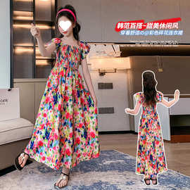 女童夏装复古风油画连衣裙2025新款中大童淑女长裙沙滩裙仙女裙潮