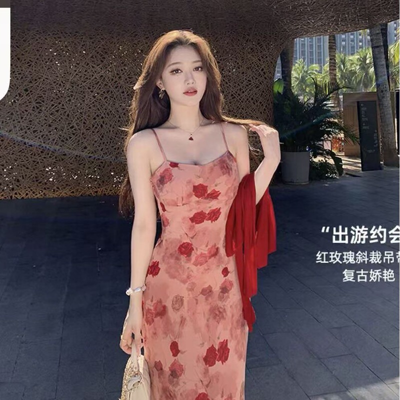 Pink Floral French-Style Cinched Waist Spaghetti Strap Dress for Women, New Summer 2026 Style, Petite Slimming Long Dress Pink Floral French-Style Cinched Waist Spaghetti Strap Dress for Women, New Summer 2026 Style, Petite Slimming Long Dress