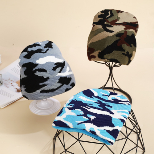 Camouflage Pattern Knit Beanie Autumn/Winter Brimless Cap Woolen Hat Parent-Child Hooded Hat Outdoor Skiing Warm Hat