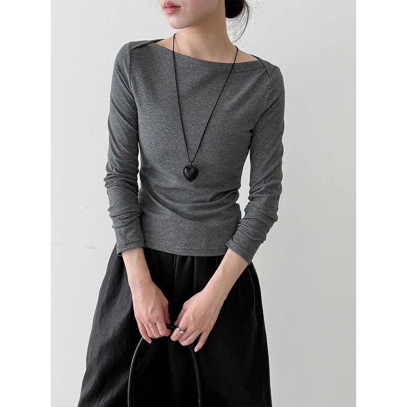 Lushi Retro High-Sense Boat Neck Design with Long-Sleeved T-Shirt for Women Autumn Slimming Look Sexy Top 2075