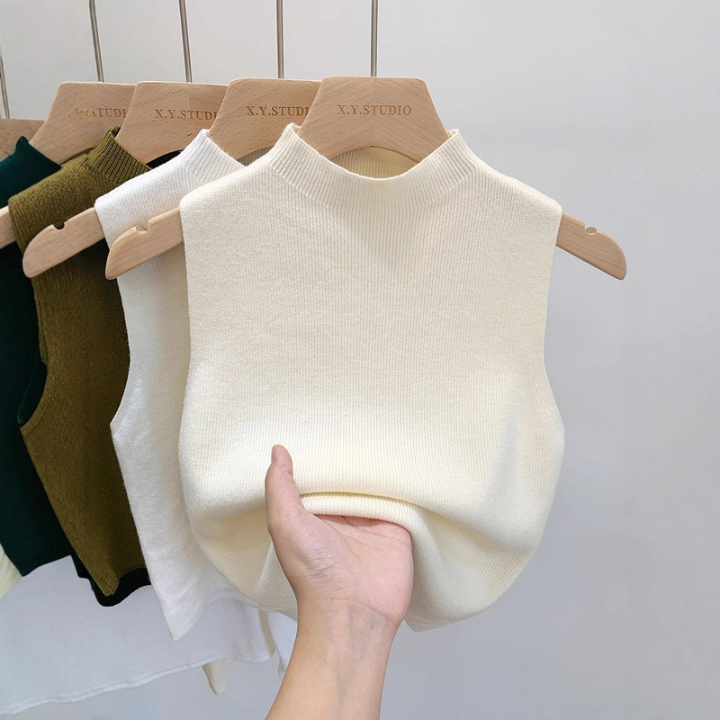 Black Half Turtleneck Ice Silk Sleeveless T-Shirt Women's Summer Bottoming Suit with Vest Knitwear Slim Short Top