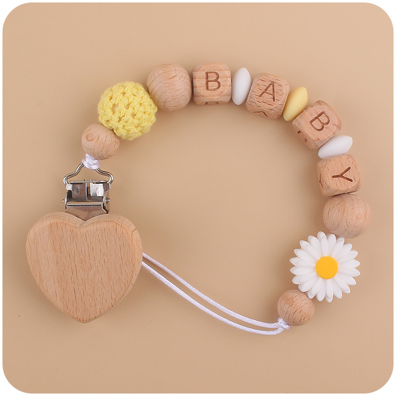 Nuevo bebé haya melocotón corazón calmante bebé DIY dibujos animados Margarita cuentas de silicona mordedura pezón cadena