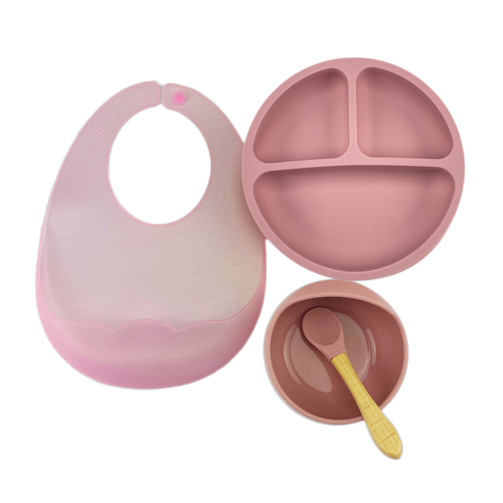핑크 4 조각 접시 + 그릇 + 숟가락 + 턱받이