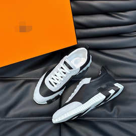 原盒新款牛皮拼接帆布透气系带休闲板鞋广州外贸男鞋夏天必备