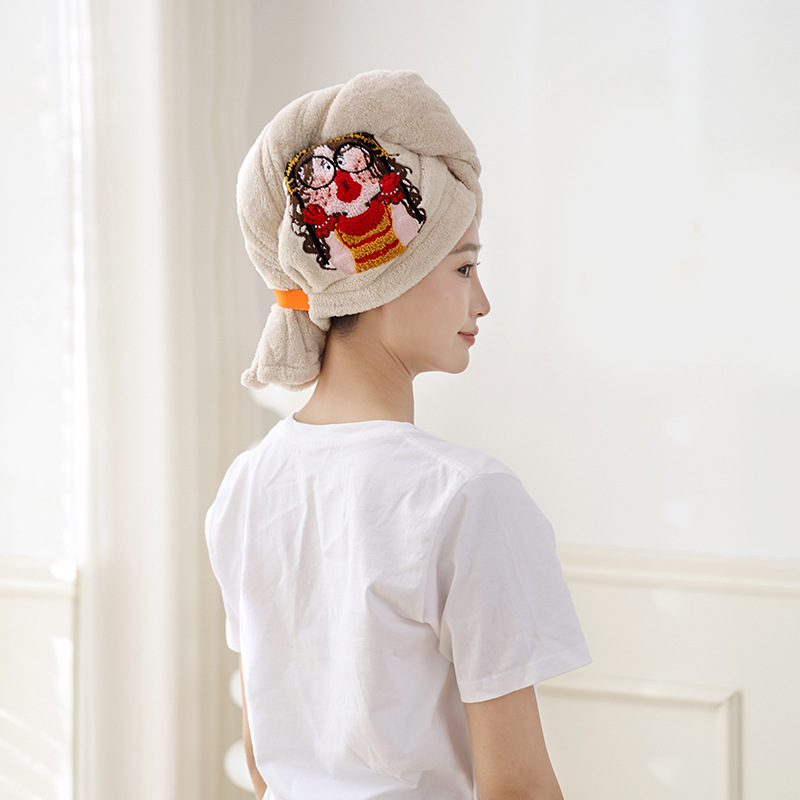 女性用のかわいい刺繍入りヘアドライキャップ、吸水性、速乾性、ヘアドライタオル、厚みのあるコーラルベルベットの漫画ターバン、シャワーキャップ|undefined