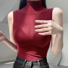 韩国代购正品 YM223自留酒红色~性感女人味微透高领打底无袖T恤se