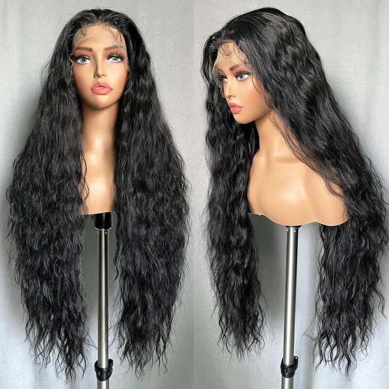Lace Front Wavy Water Wave Wig, with Baby Hair Style, Natural Black, Synthetic Hair