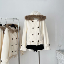 毛领双排扣短款毛呢羊毛大衣连帽外套女收腰秋冬加厚