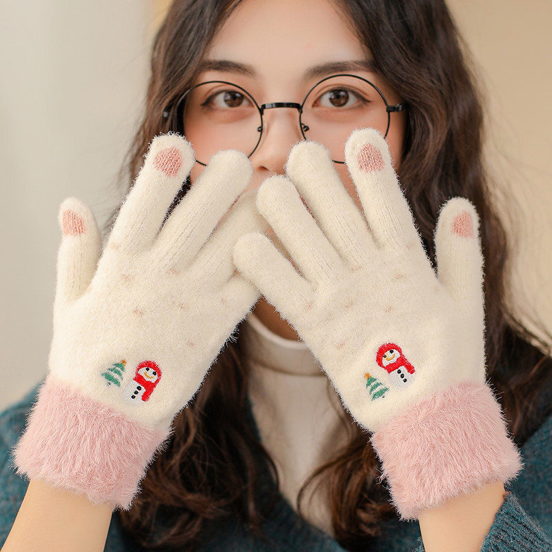 手袋の女性の冬の保温のメリヤスのかわいい韓国版の雪だるまの学生のベルベットの厚いタッチパネルは手袋の卸売りに乗ります。|undefined