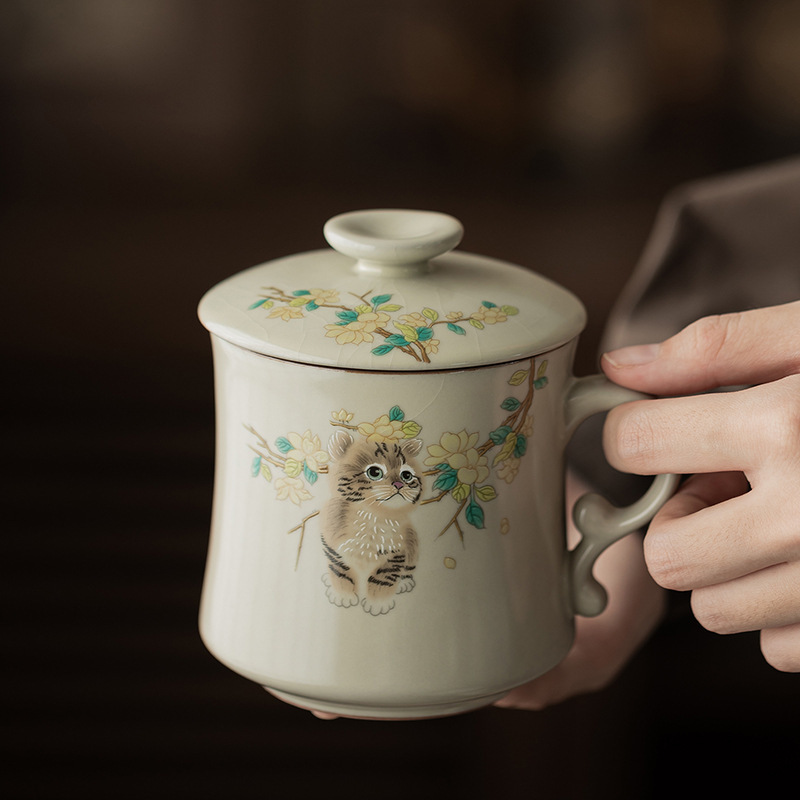 仿古汝窑黄花猫月牙水杯家用办公室开片可养陶瓷茶水分离杯马克杯|undefined
