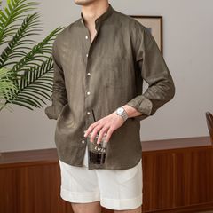 「ナチュラルリネン」軽い高級感、軽い大人カジュアル通気性夏長袖シャツ多用途高品質メンズスタンドカラーシャツ