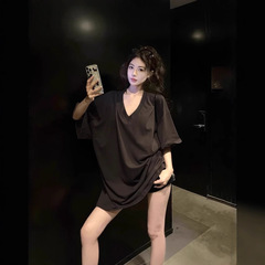 プラスサイズファットMM韓国風カジュアルレイジースタイルVネック半袖Tシャツレディース夏新作ゆったり痩身カバーアップ服