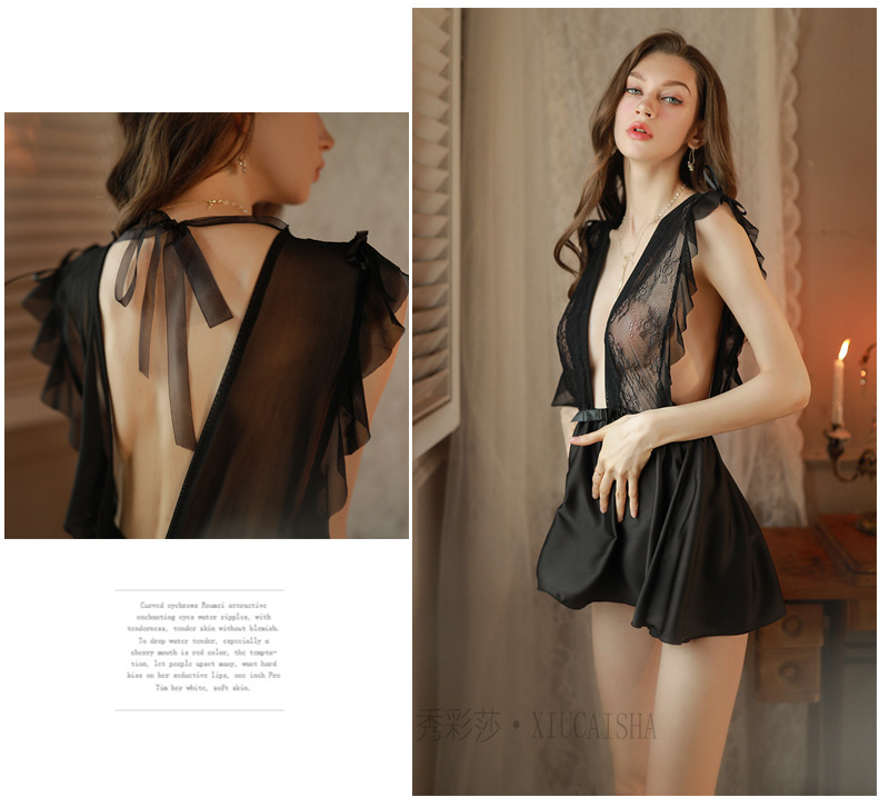 Plus Size See-Through Lace Babydoll Nightgown with Suspenders, Black Short-Skirt Style — detail image 4