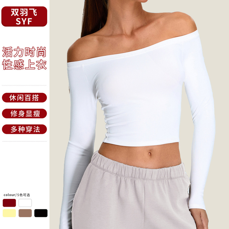 Cross-Border New Long-Sleeved Yoga Clothes, Feminine One-Shoulder Sports T-Shirts, Running Tops, Tight Sports Fitness Clothes